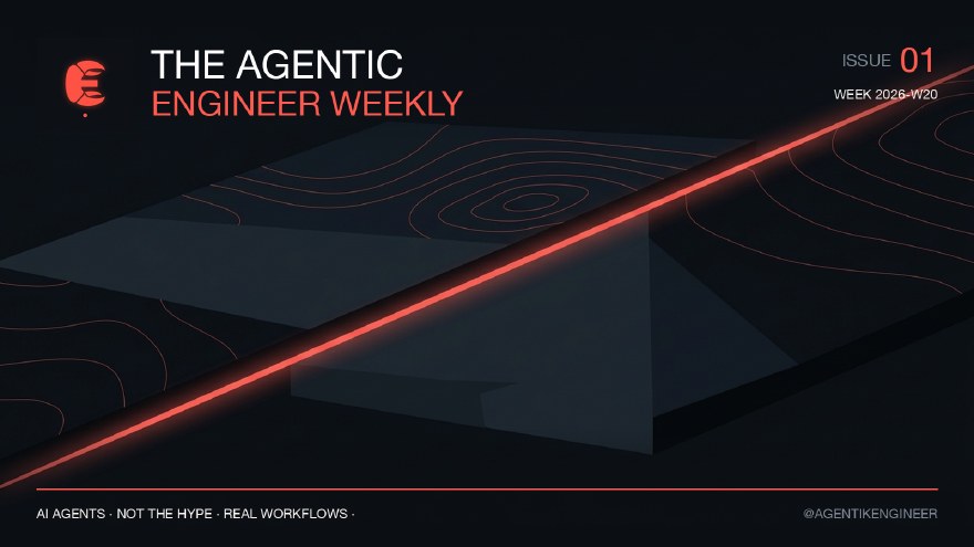 Issue 01 cover, dark editorial illustration of a tectonic-shift seam in coral against a near-black plate, with the lobster-claw E logo and &ldquo;THE AGENTIC ENGINEER WEEKLY&rdquo; wordmark in the top-left.