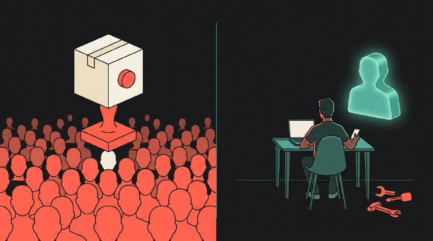 Split illustration. Left: a sealed cream software box with one coral button hovers over a vast crowd of identical faceless heads, being pressed down onto all of them at once. Right: one person sits at a desk at night with a laptop and a phone, and a glowing teal shape beside them matches their own silhouette exactly, while a few spare tools lie on the floor.