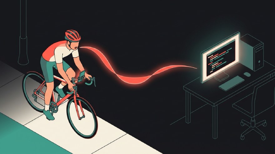 A man on a road bicycle at dusk speaks into a phone on his handlebar. A single glowing sound wave travels from him across the scene to a small computer in a dim home study, where a terminal is writing code by itself.