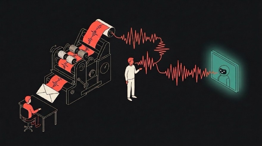 One person speaks. A raw sound wave splits in two. The left path goes through a big ornate press of rollers and dials and comes out as a perfect envelope for a person at a desk. The right path stays raw and flows straight into a terminal where an agent waits.