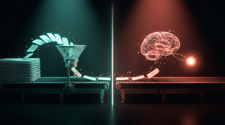 A RAG pipeline shown as a conveyor split down the middle by a seam of light. On the left, lit teal, a sieve pulls and ranks glowing document cards out of a large stack, which is retrieval. On the right, lit coral, a translucent brain reads a small set of those cards and emits a single glowing answer orb, which is generation.