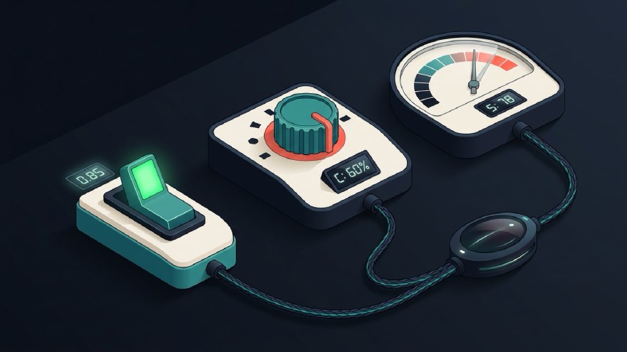 Three instruments on a dark workbench: a glowing toggle for a yes/no probability, a rotary selector for a multiple choice, and an analog gauge for a score, all cabled into one compact lens module.