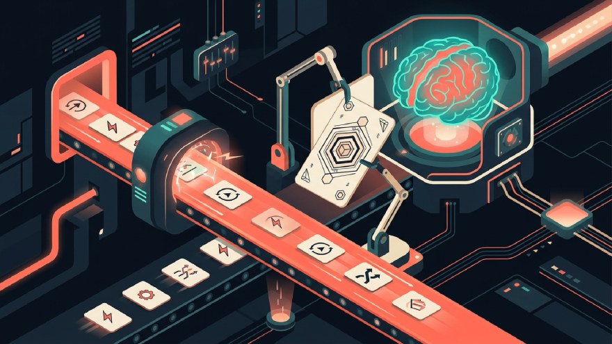 A conveyor of small decision cards flowing fast through a coral lane where a lens device stamps each one in milliseconds, while one heavy card is lifted off to a slower deliberate reasoning chamber.