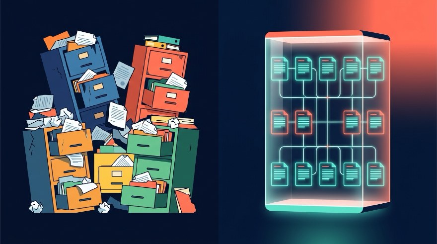 Split illustration contrasting four mismatched, overflowing filing cabinets in clashing colors on the left with a single glowing translucent container of neatly aligned, interlinked document cards on the right.