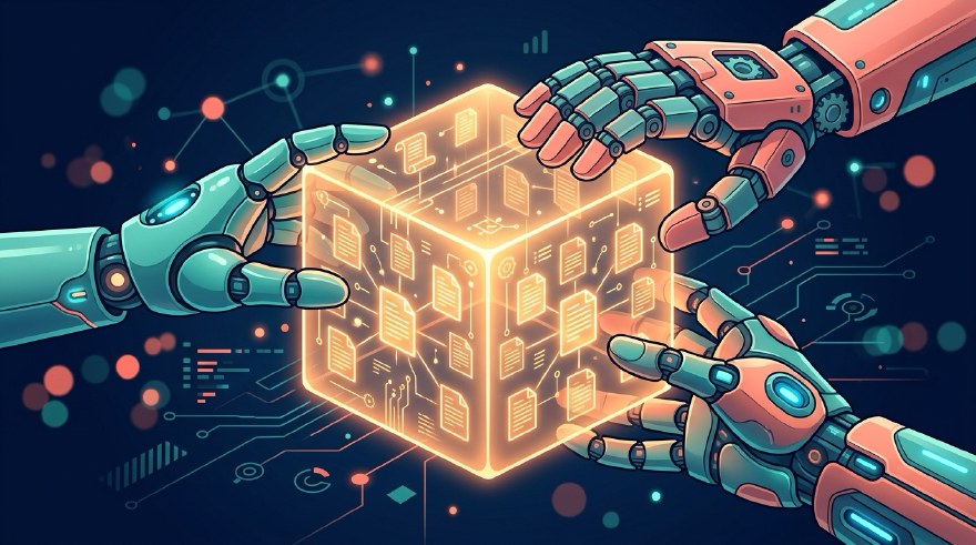 Three differently styled robot hands reaching for a single glowing translucent cube filled with miniature interlinked documents, on a dark navy background with coral and teal accents.