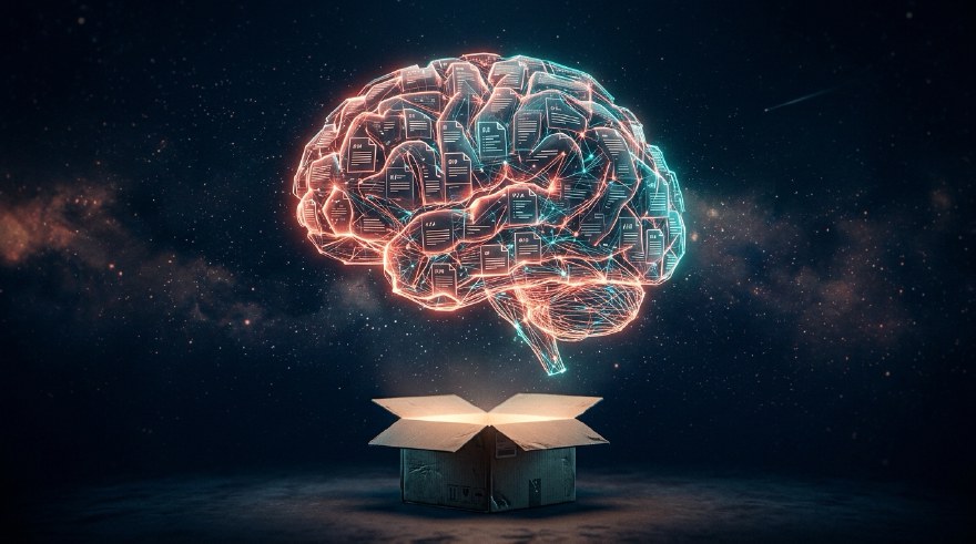 A wireframe brain made of interlinked glowing markdown documents in coral and teal, floating above an open cardboard box that emits light, against a deep navy starfield.