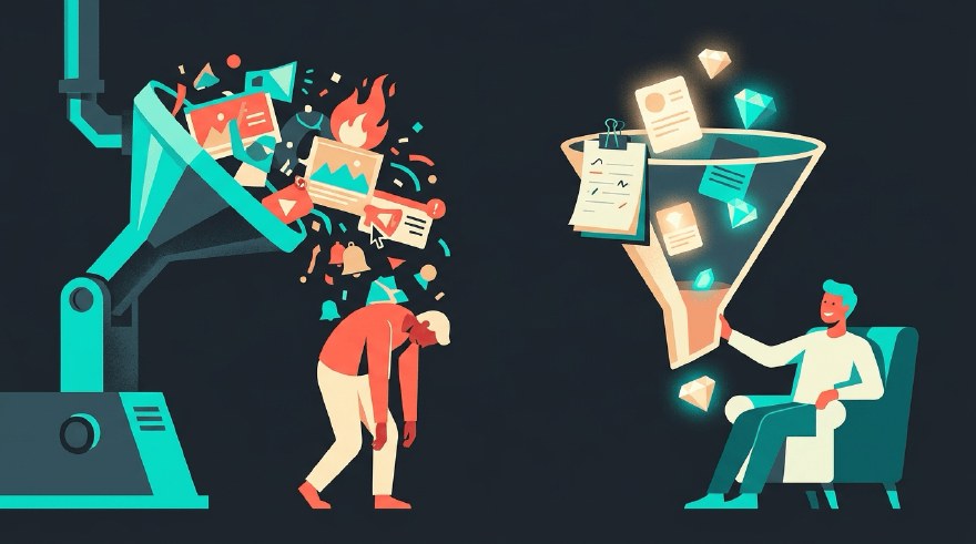 Two funnels. On the left a faceless corporate machine pours adverts, trending flames and engagement bait down onto a tired reader who did not choose any of it. On the right the reader holds the funnel themself, with a hand-written page of their interests clipped to the rim as the filter, and only a few bright cards fall through onto a calm reader.