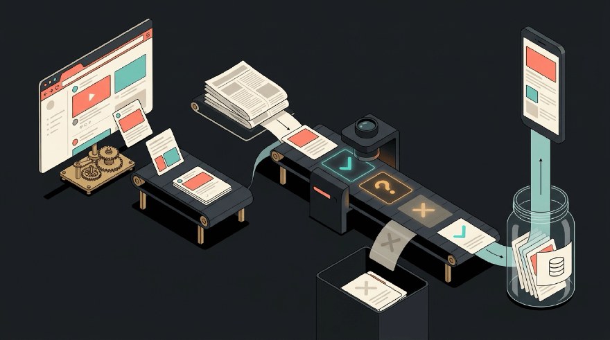An isometric dark workbench: a browser on a clockwork timer peels cards off a social feed onto a conveyor, a stack of newspapers from different mastheads merges into a single card on a second belt, a compact lens stamps each card with a teal tick, an amber question mark or a faded cross, the crossed cards drop into a bin, and the survivors slide into a glass jar with a database icon from which one calm column rises into a phone.
