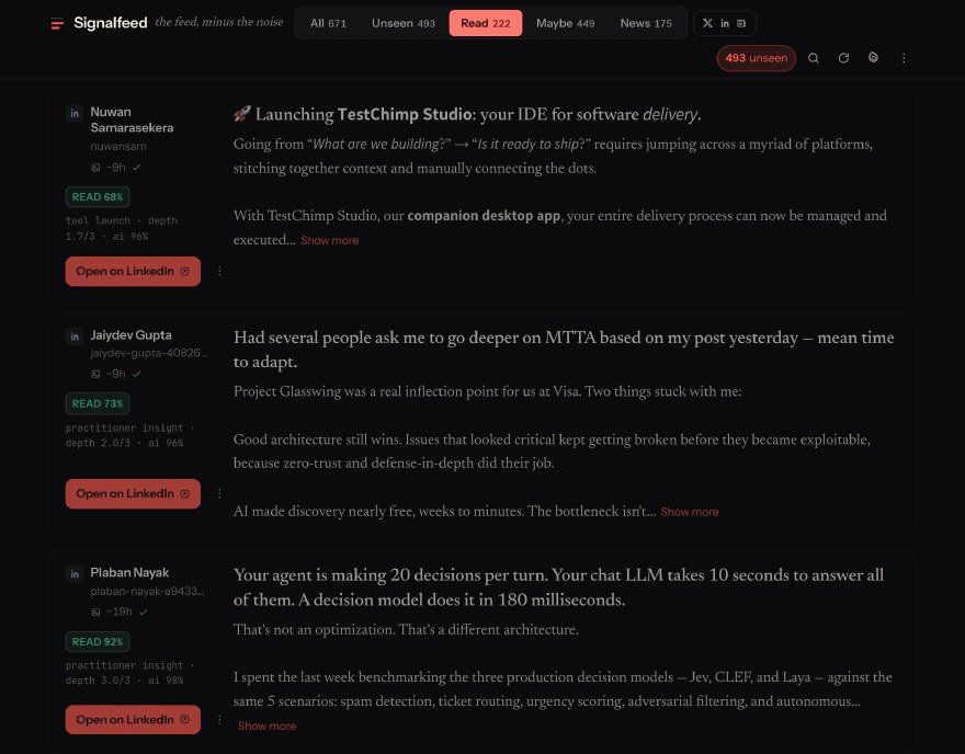 The Signalfeed timeline on a desktop, Read view: three LinkedIn posts in one column, each with the author, a READ badge with a percentage, a grey line of machine text saying the kind of post, its depth score and its AI relevance, the post text in a serif face, and an Open on LinkedIn button.