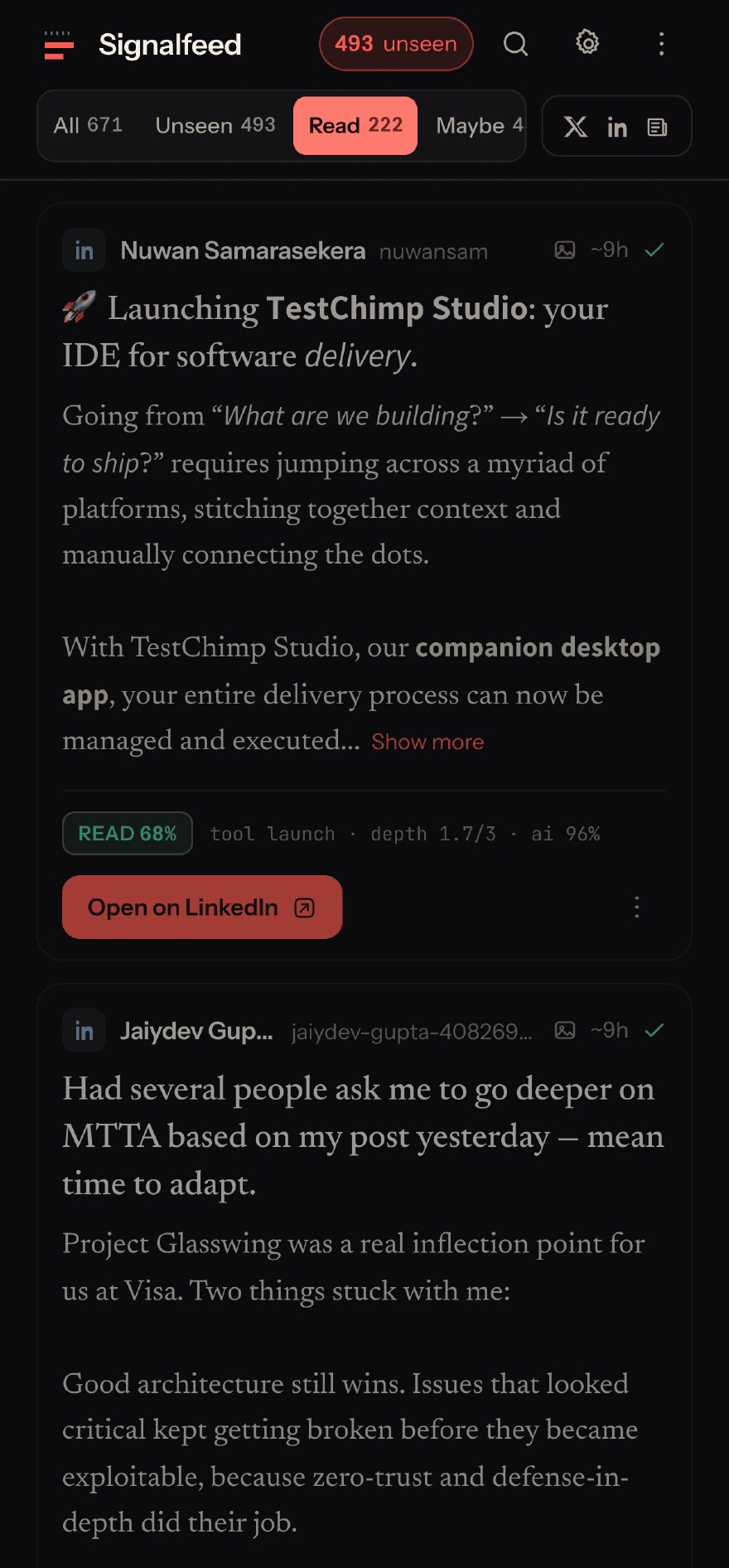 The same timeline on a phone, Read view, one card per screen with the author, READ badge, post text and the Open on LinkedIn button.