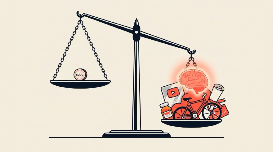 A balance scale tipped hard to one side. On the raised, nearly empty left pan sits a single coin marked $200. The right pan is slammed to the ground under an overflowing pile of rewards: a YouTube play button, a medicine bottle, a bicycle, a rolled-up resume, and a softly glowing brain crowning the top.