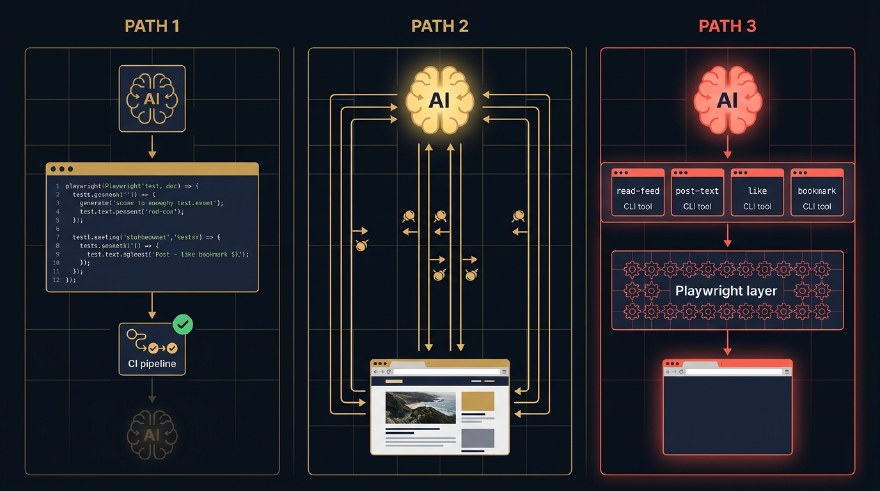 Three vertical panels showing the three approaches to agentic UI automation. Path 1 (AI-generated code) shows an AI brain feeding a Playwright code editor and CI pipeline, with the brain faded out at runtime. Path 2 (live driving) shows a glowing AI brain tangled in many bidirectional arrows with a browser, conveying expensive round trips. Path 3 (composed tools) is highlighted in coral with a clean architecture: AI brain, four labelled CLI tool cards, a deterministic Playwright layer, and a single browser.