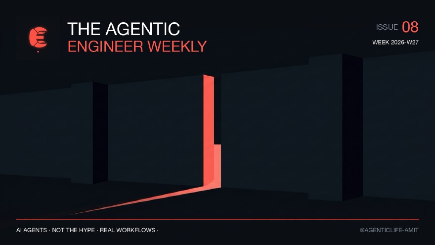 Issue 08 cover, branded coral and near-black editorial illustration for The Agentic Engineer Weekly.