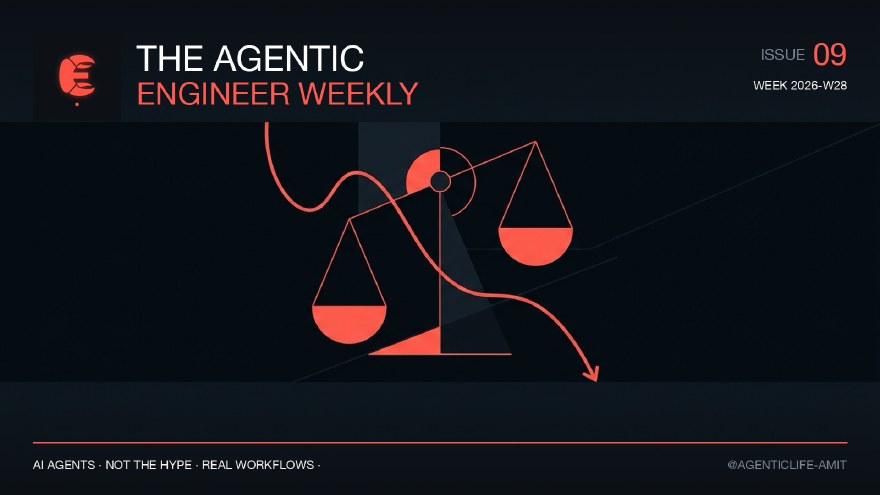 Issue 09 cover, branded coral and near-black editorial illustration for The Agentic Engineer Weekly.