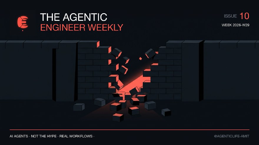 Issue 10 cover, branded coral and near-black editorial illustration for The Agentic Engineer Weekly.