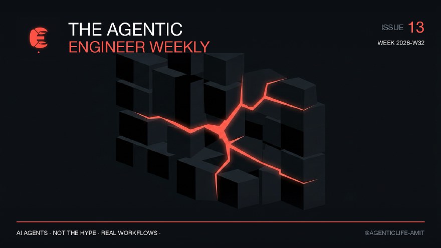 Issue 13 cover, branded coral and near-black editorial illustration for The Agentic Engineer Weekly.