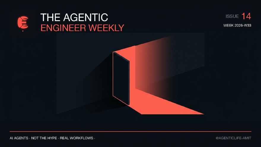 Issue 14 cover, branded coral and near-black editorial illustration for The Agentic Engineer Weekly.