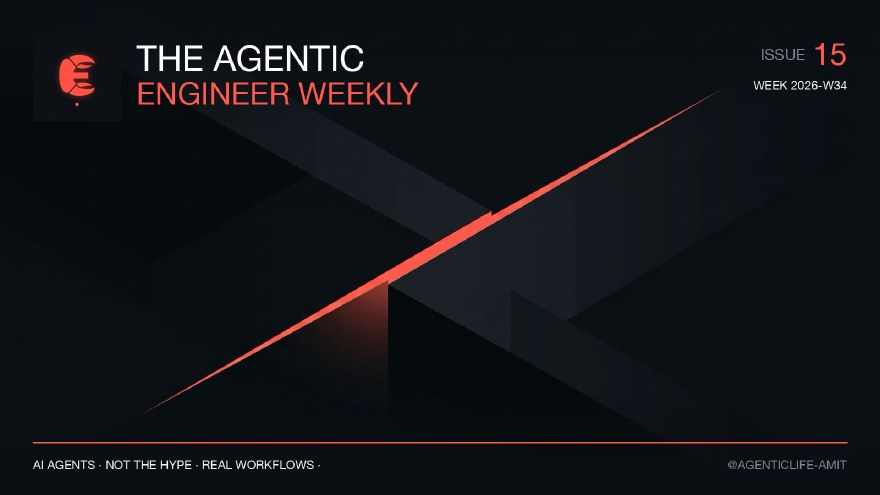 Issue 15 cover, branded coral and near-black editorial illustration for The Agentic Engineer Weekly.
