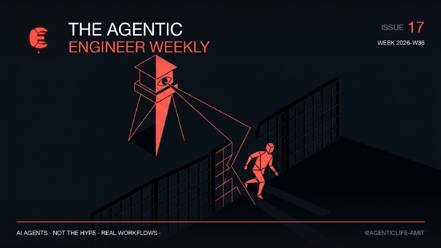 Issue 17 cover, branded coral and near-black editorial illustration for The Agentic Engineer Weekly.