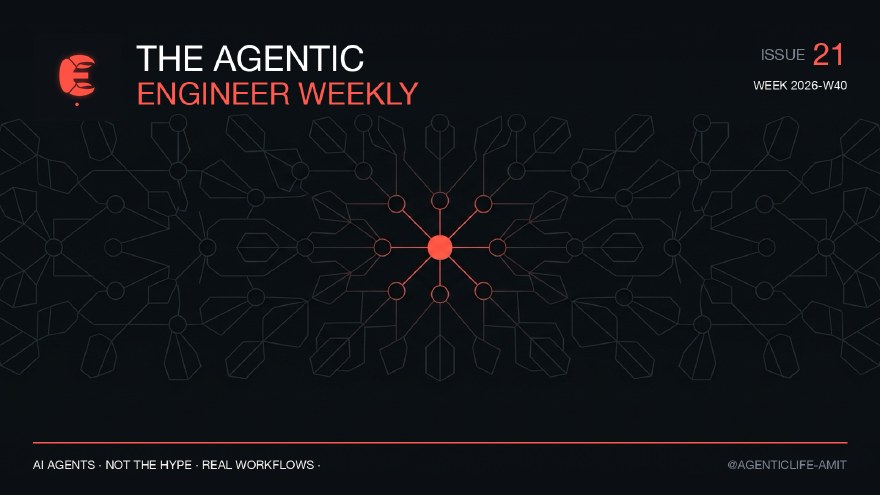 Issue 21 cover, branded coral and near-black editorial illustration for The Agentic Engineer Weekly.